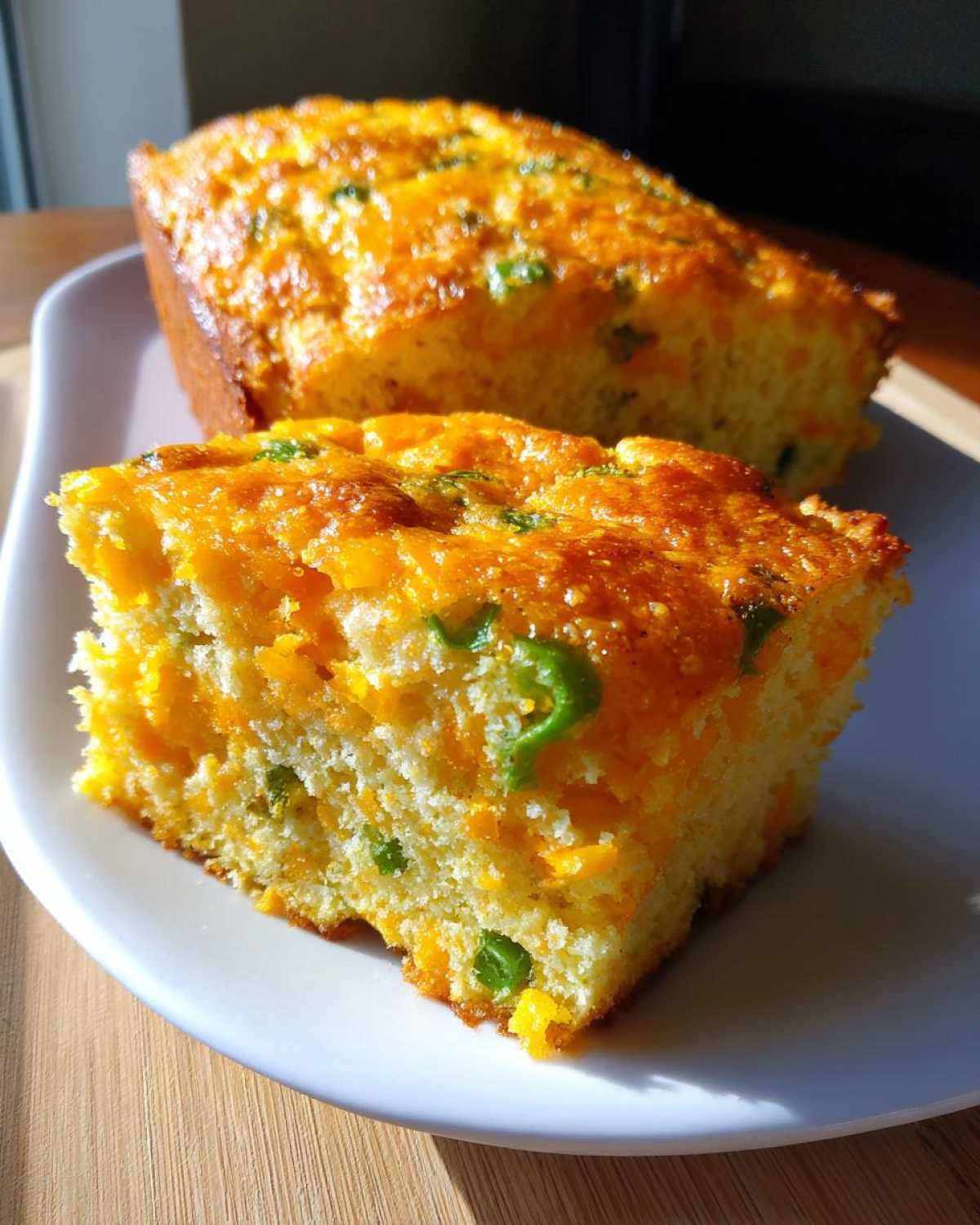 A close-up of a moist slice of Gluten-Free Cheddar Jalapeno Cornbread, showing melted cheese and green peppers.