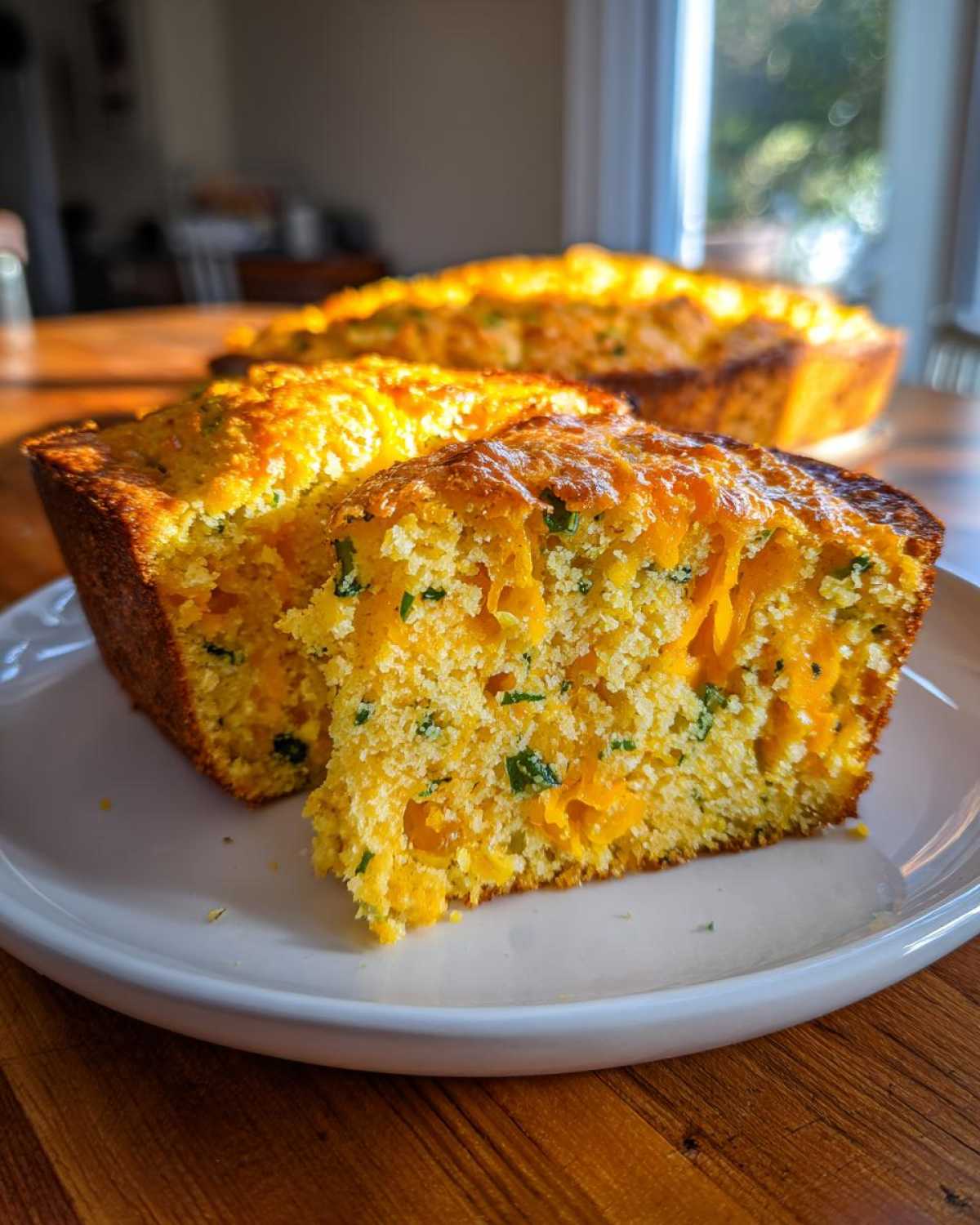 Two slices of moist Gluten-Free Cheddar Jalapeno Cornbread showing melted cheddar cheese and green herbs.