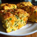 A close-up of moist Gluten-Free Cheddar Jalapeno Cornbread squares loaded with melted cheddar and green onions.