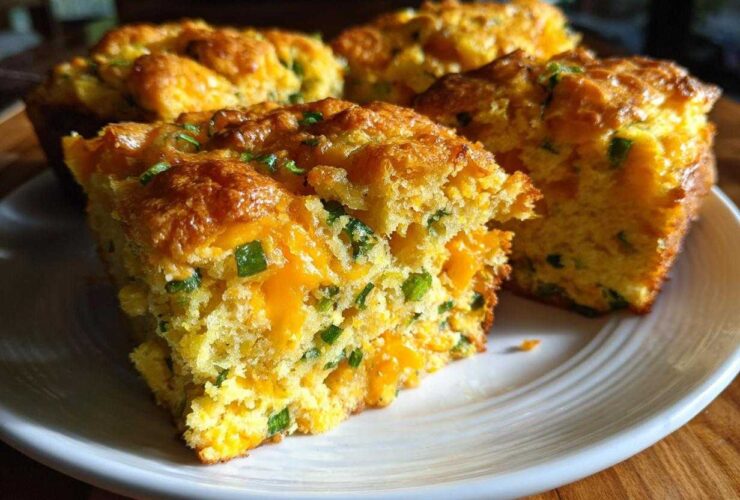 A close-up of moist Gluten-Free Cheddar Jalapeno Cornbread squares loaded with melted cheddar and green onions.