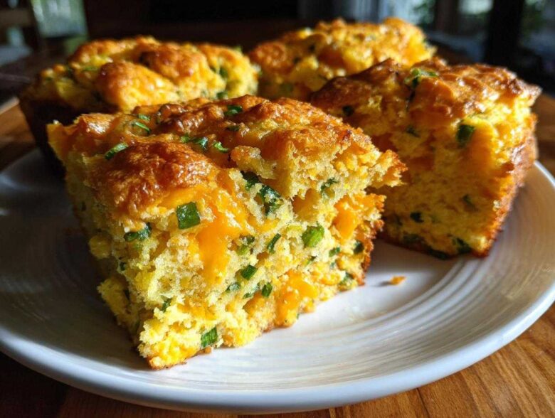 A close-up of moist Gluten-Free Cheddar Jalapeno Cornbread squares loaded with melted cheddar and green onions.