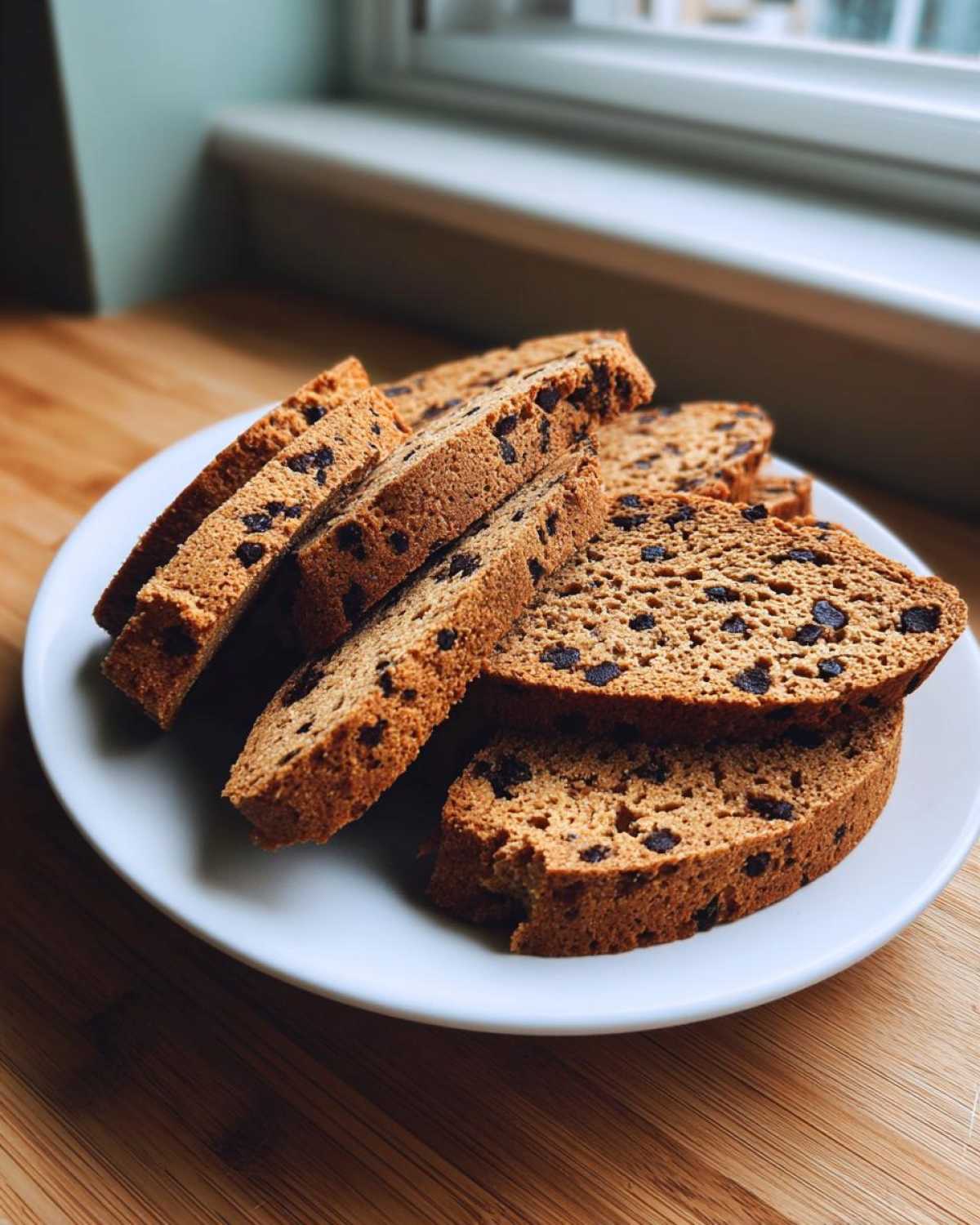 Several slices of golden brown Gluten-Free Chocolate Chip Biscotti piled on a white plate near a window.