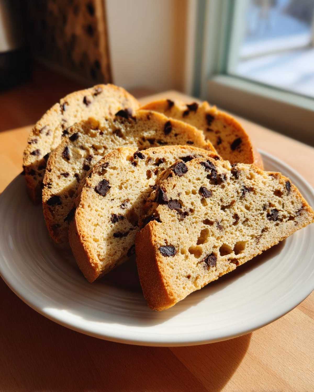 Several slices of golden Gluten-Free Chocolate Chip Biscotti arranged on a white plate, catching bright sunlight.