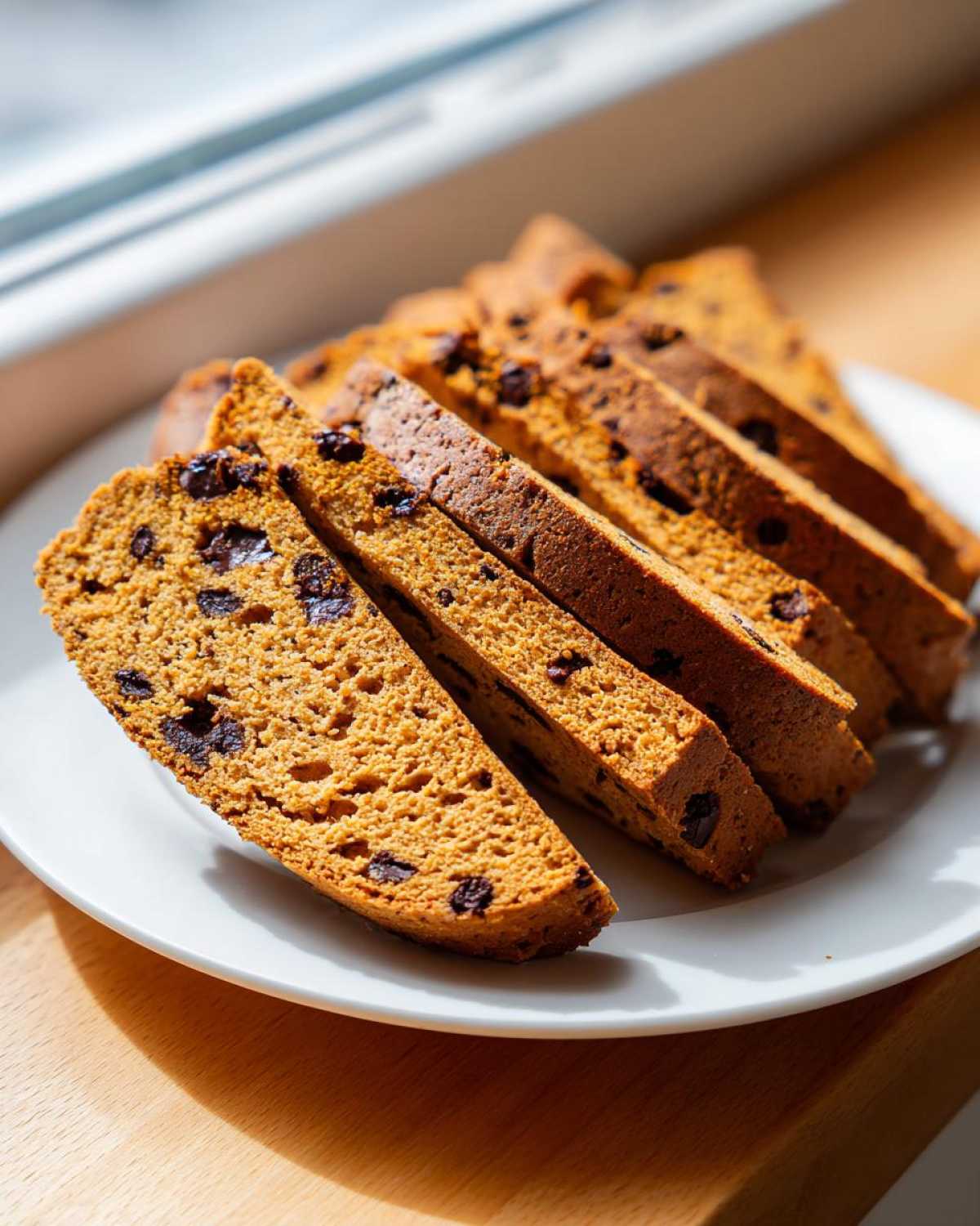 Several slices of golden-brown Gluten-Free Chocolate Chip Biscotti arranged on a white plate near a window.