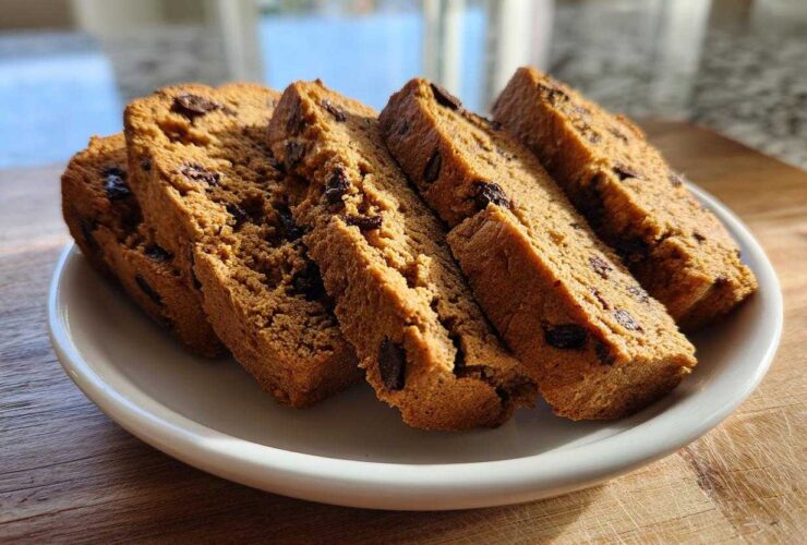 Four thick slices of golden brown Gluten-Free Chocolate Chip Biscotti arranged on a small white plate.