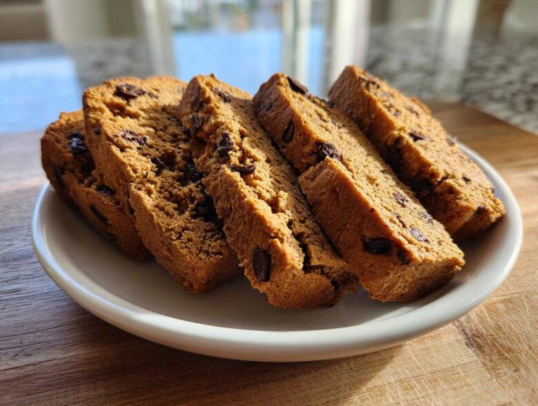 Four thick slices of golden brown Gluten-Free Chocolate Chip Biscotti arranged on a small white plate.