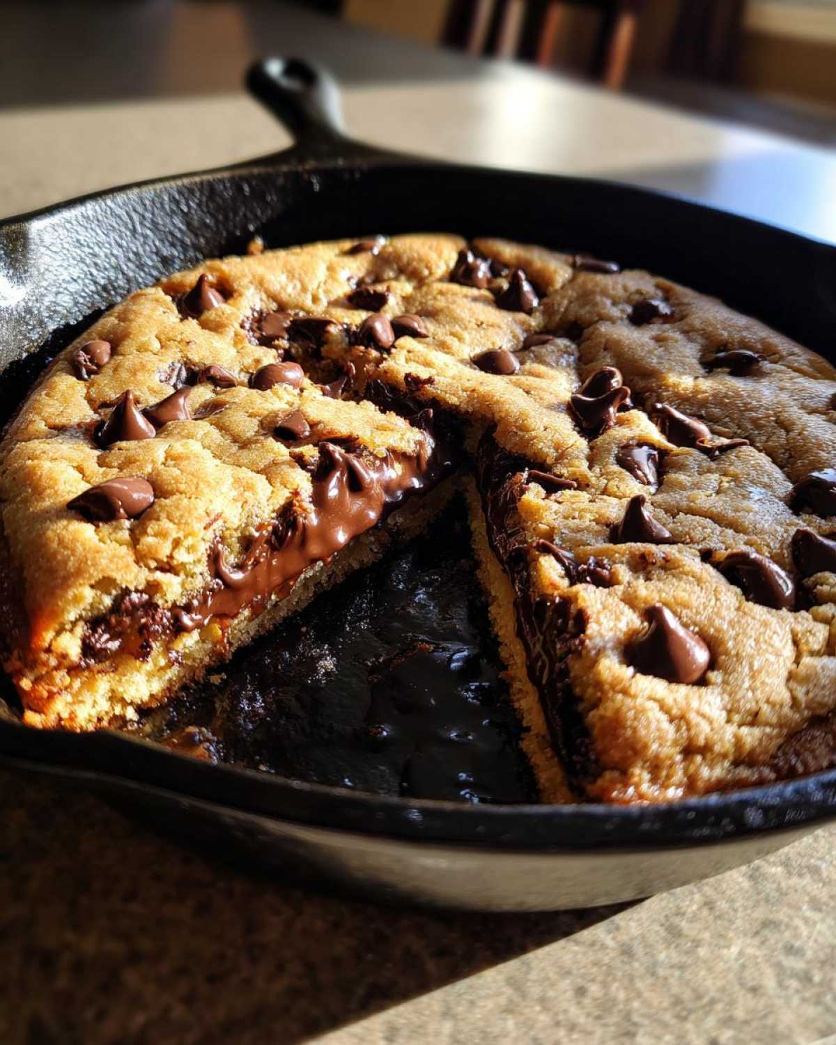 A warm Gluten-Free Chocolate Chip Skillet Cookie with a slice removed, showing melted chocolate.
