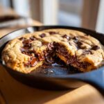 Close-up of a warm Gluten-Free Chocolate Chip Skillet Cookie with a piece removed, showing melted chocolate.