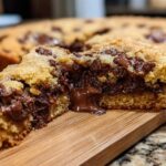 A cross-section of a warm Gluten-Free Chocolate Chip Skillet Cookie showing gooey, melted chocolate center.
