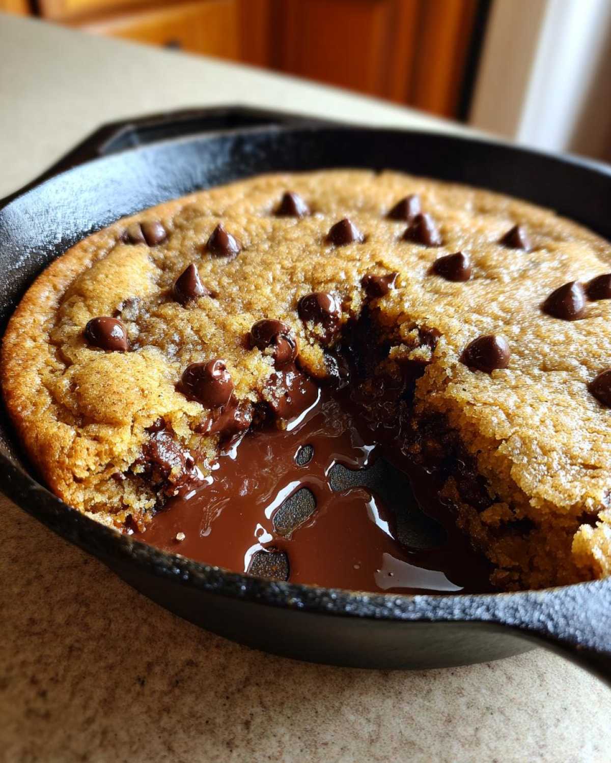 Close-up of a warm Gluten-Free Chocolate Chip Skillet Cookie with a scoop removed, showing gooey melted chocolate.