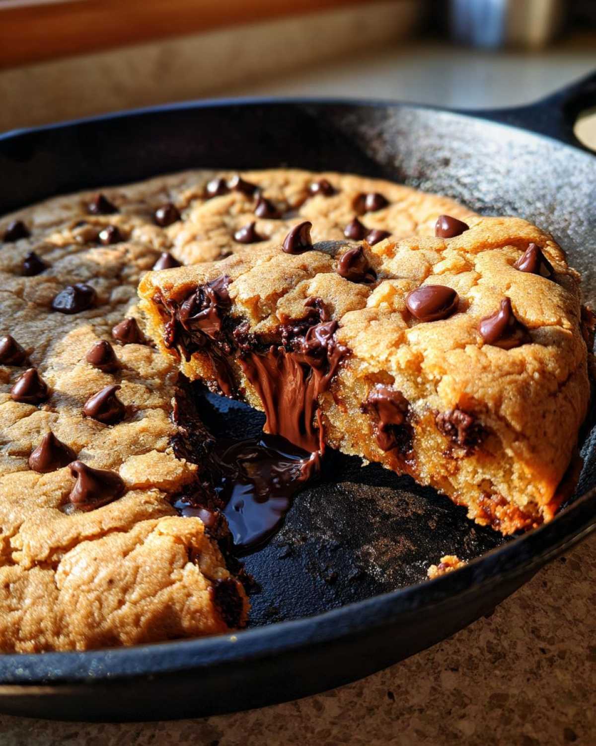 A slice being pulled from a warm Gluten-Free Chocolate Chip Skillet Cookie, showing gooey, melted chocolate.