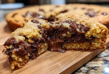 A cross-section of a warm Gluten-Free Chocolate Chip Skillet Cookie showing gooey, melted chocolate center.