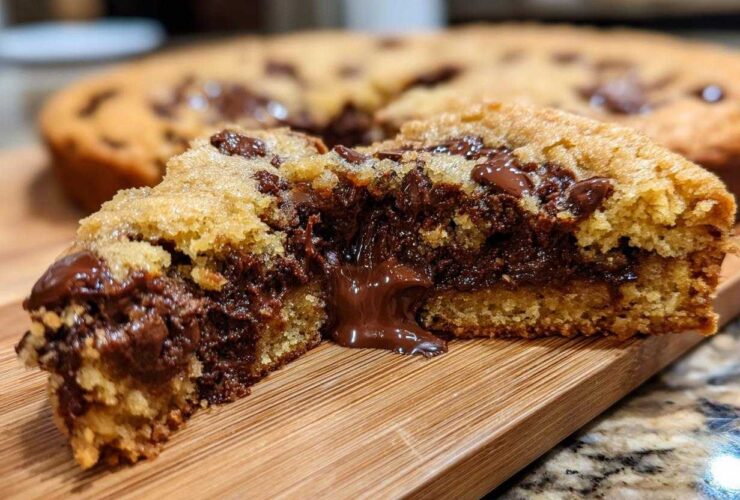 A cross-section of a warm Gluten-Free Chocolate Chip Skillet Cookie showing gooey, melted chocolate center.