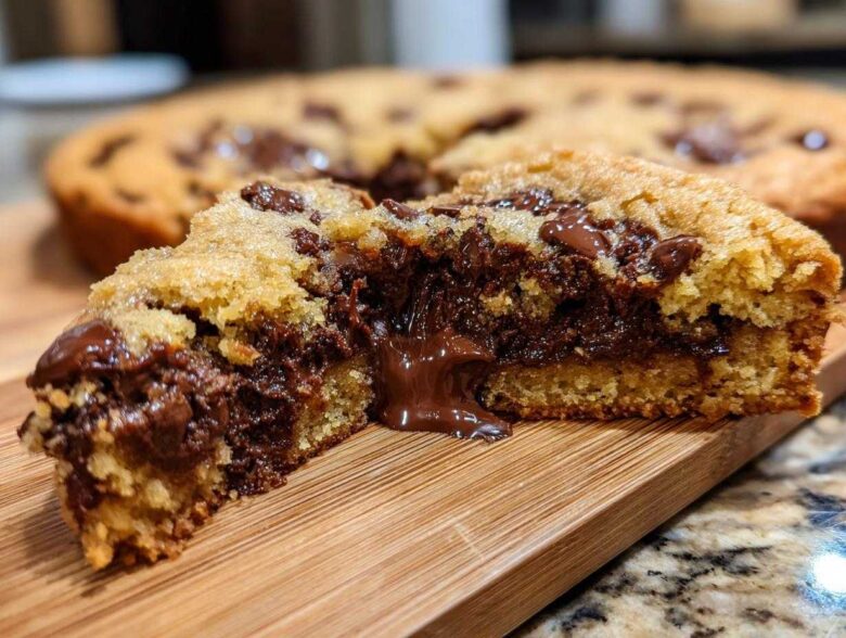 A cross-section of a warm Gluten-Free Chocolate Chip Skillet Cookie showing gooey, melted chocolate center.