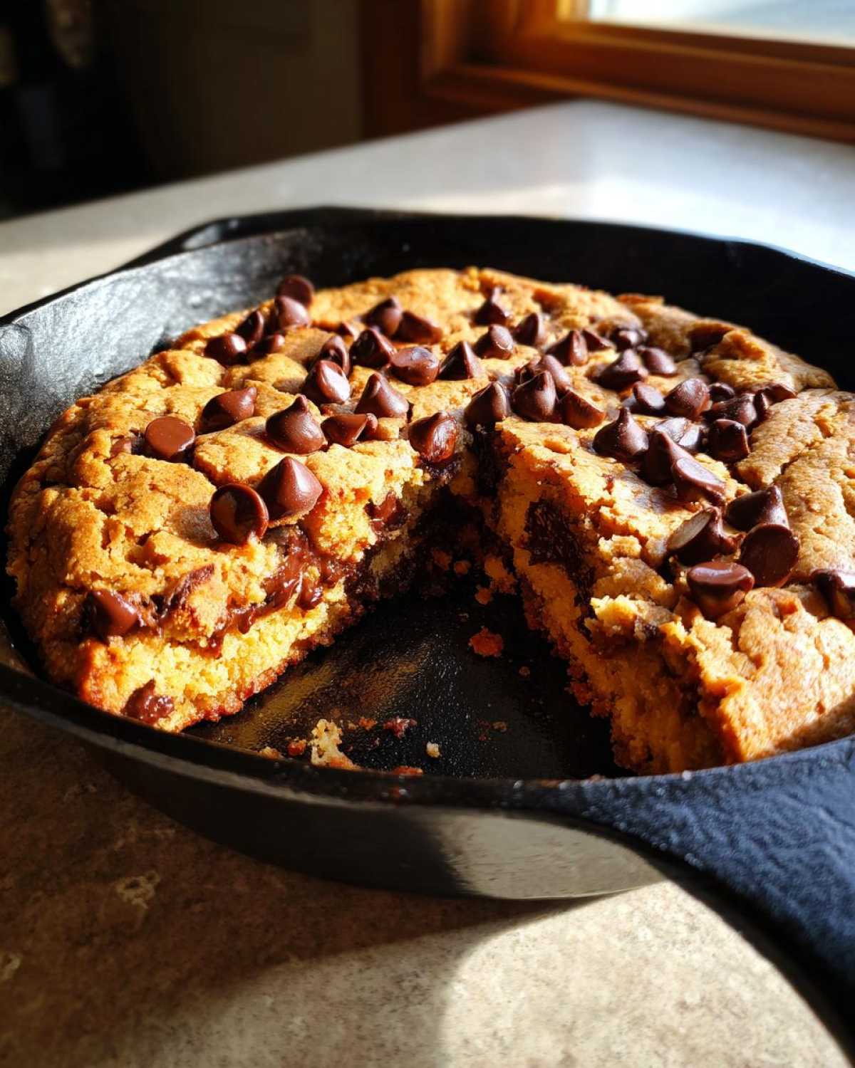 A warm Gluten-Free Chocolate Chip Skillet Cookie baked in a cast iron pan with a slice removed.