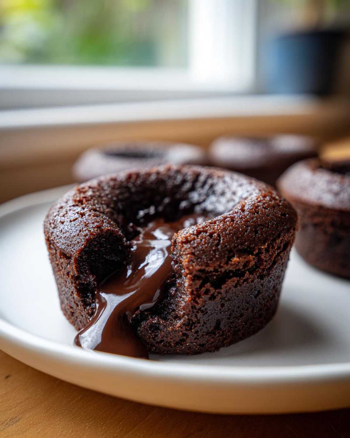 Close-up of a Gluten-Free Chocolate Lava Brownie Cup with molten chocolate oozing out onto a white plate.