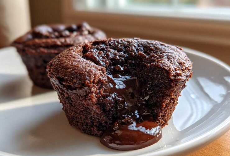 Close-up of a Gluten-Free Chocolate Lava Brownie Cup with molten chocolate oozing out onto a white plate.