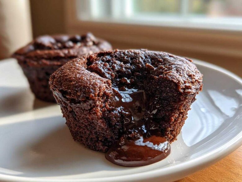 Close-up of a Gluten-Free Chocolate Lava Brownie Cup with molten chocolate oozing out onto a white plate.