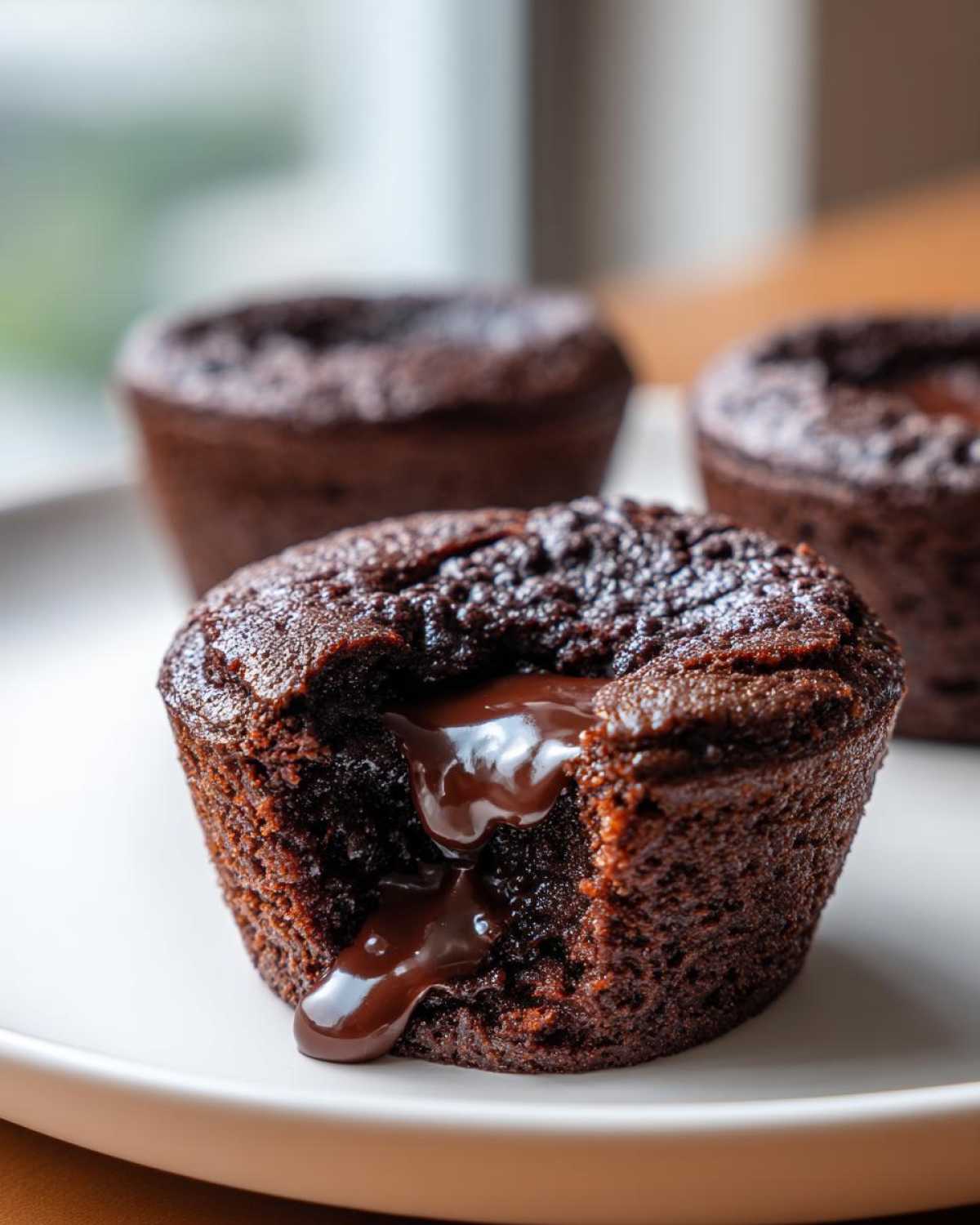 Close-up of a Gluten-Free Chocolate Lava Brownie Cup broken open, showing rich, molten chocolate flowing out.