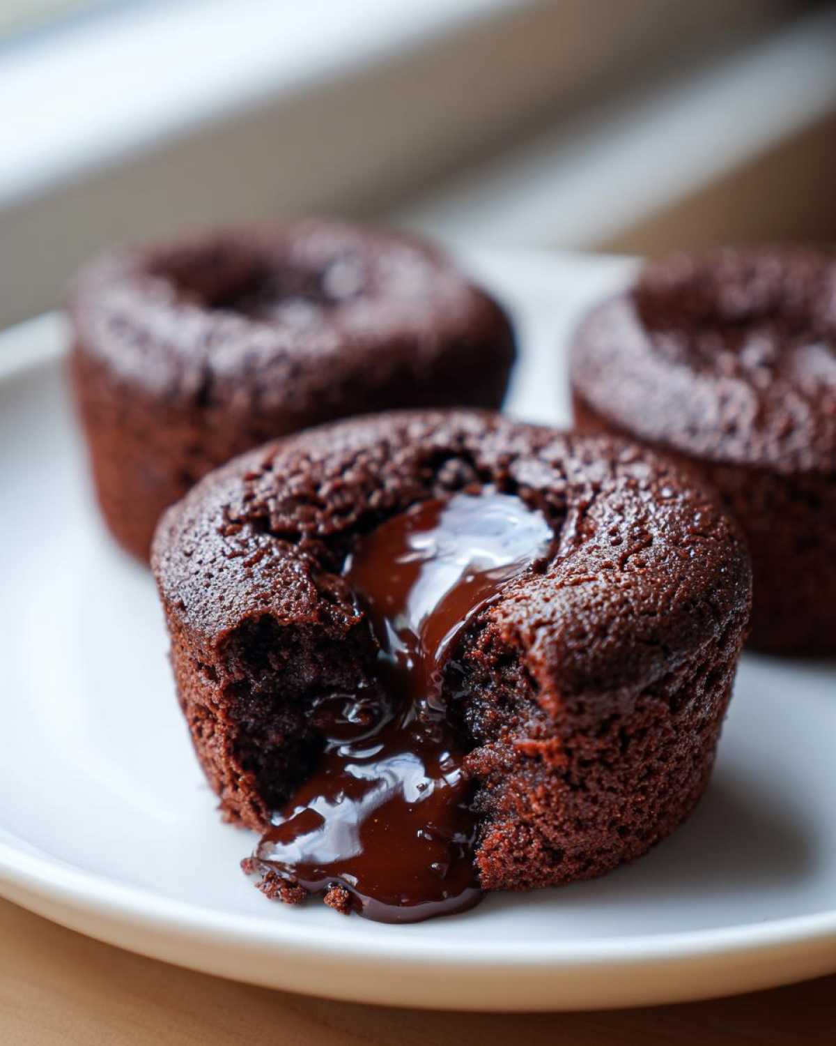 Close-up of a Gluten-Free Chocolate Lava Brownie Cup with molten chocolate oozing out onto a white plate.