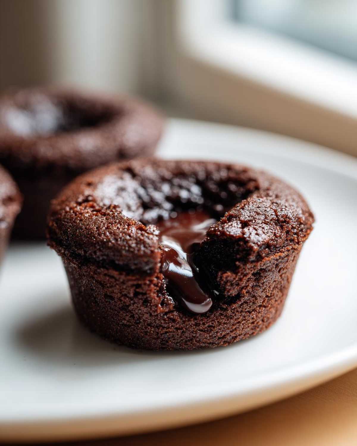 Close-up of a warm Gluten-Free Chocolate Lava Brownie Cup with molten chocolate oozing from the center onto a white plate.