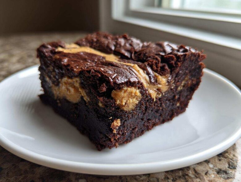 A close-up of a rich, fudgy Gluten-Free Chocolate Peanut Butter Swirl Brownies square on a white plate.