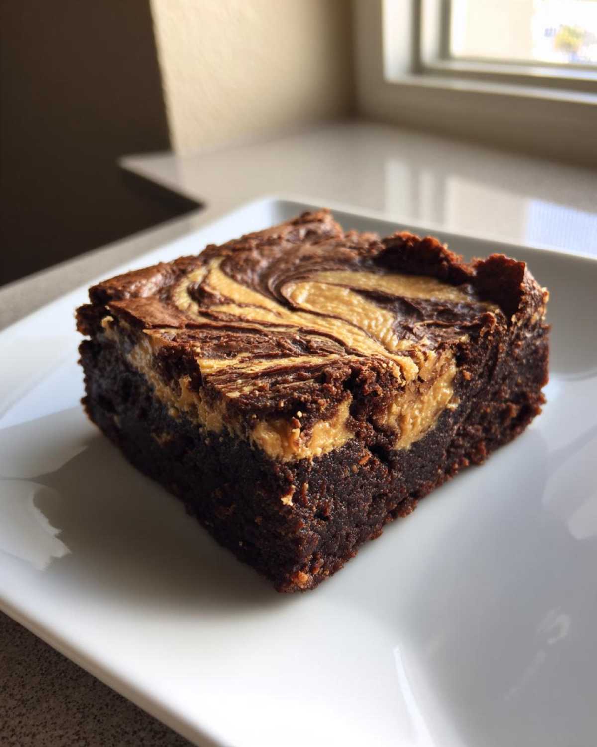 A rich, fudgy square of Gluten-Free Chocolate Peanut Butter Swirl Brownies with a distinct peanut butter swirl on top.