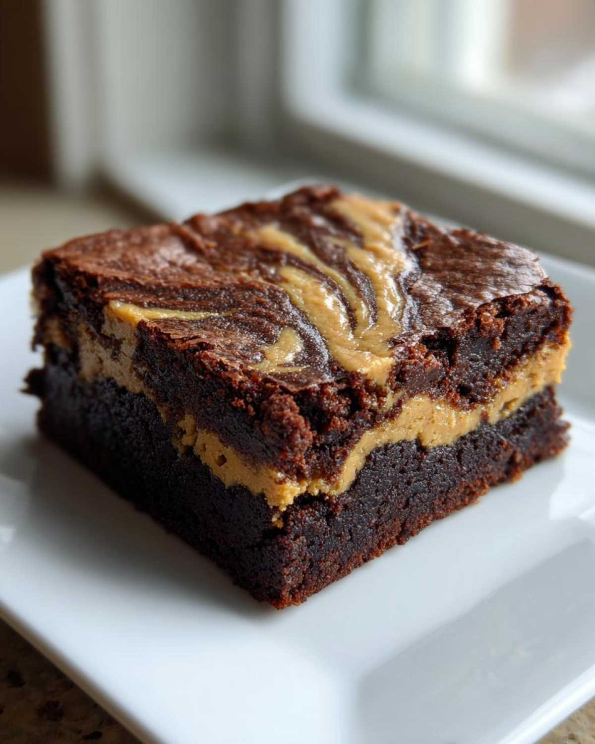 A single square of rich Gluten-Free Chocolate Peanut Butter Swirl Brownies with a visible peanut butter swirl on top.