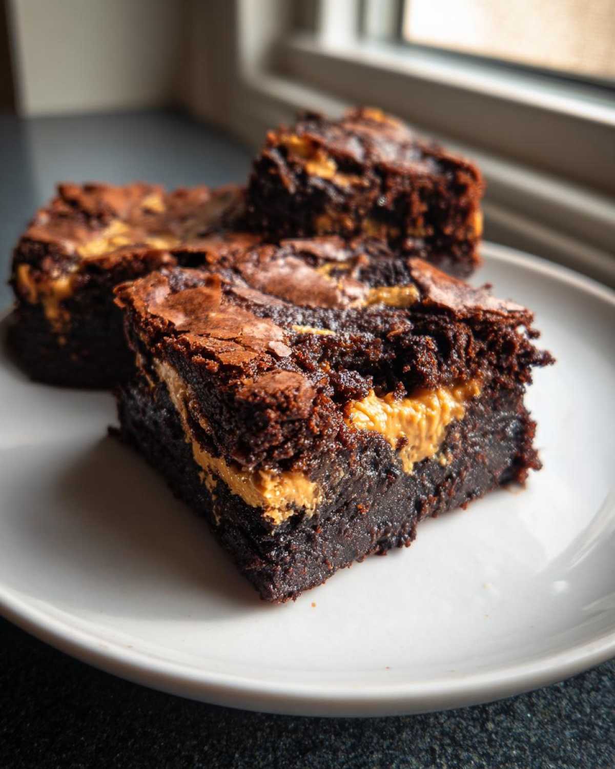 Three rich, fudgy Gluten-Free Chocolate Peanut Butter Swirl Brownies stacked on a white plate near a window.