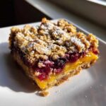 A single serving of Gluten-Free Lemon Berry Crumble Bars with a thick oat crumble topping and bright lemon and berry layers.