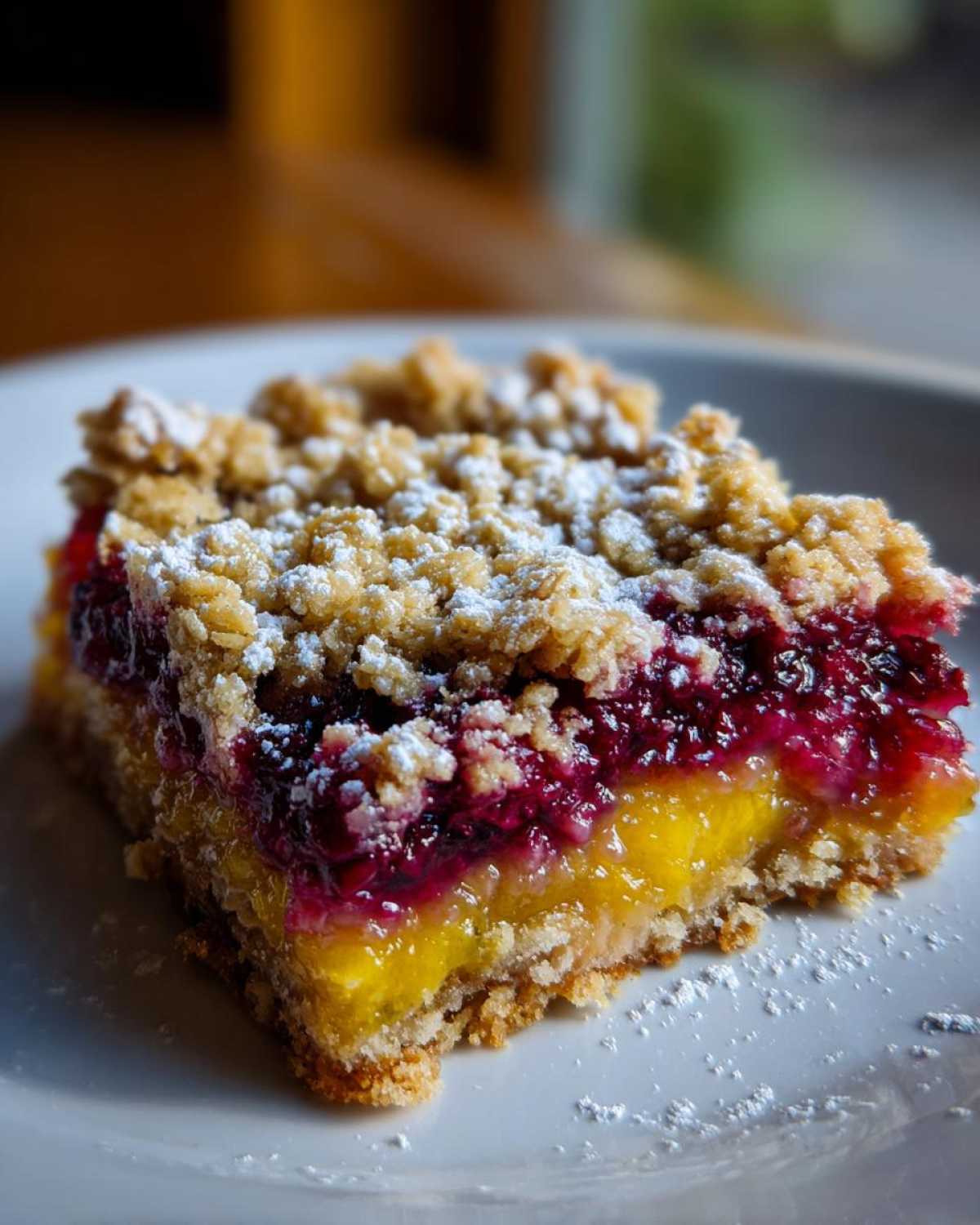 Close-up of a Gluten-Free Lemon Berry Crumble Bars slice with bright yellow lemon filling and a deep red berry layer, topped with crumble.
