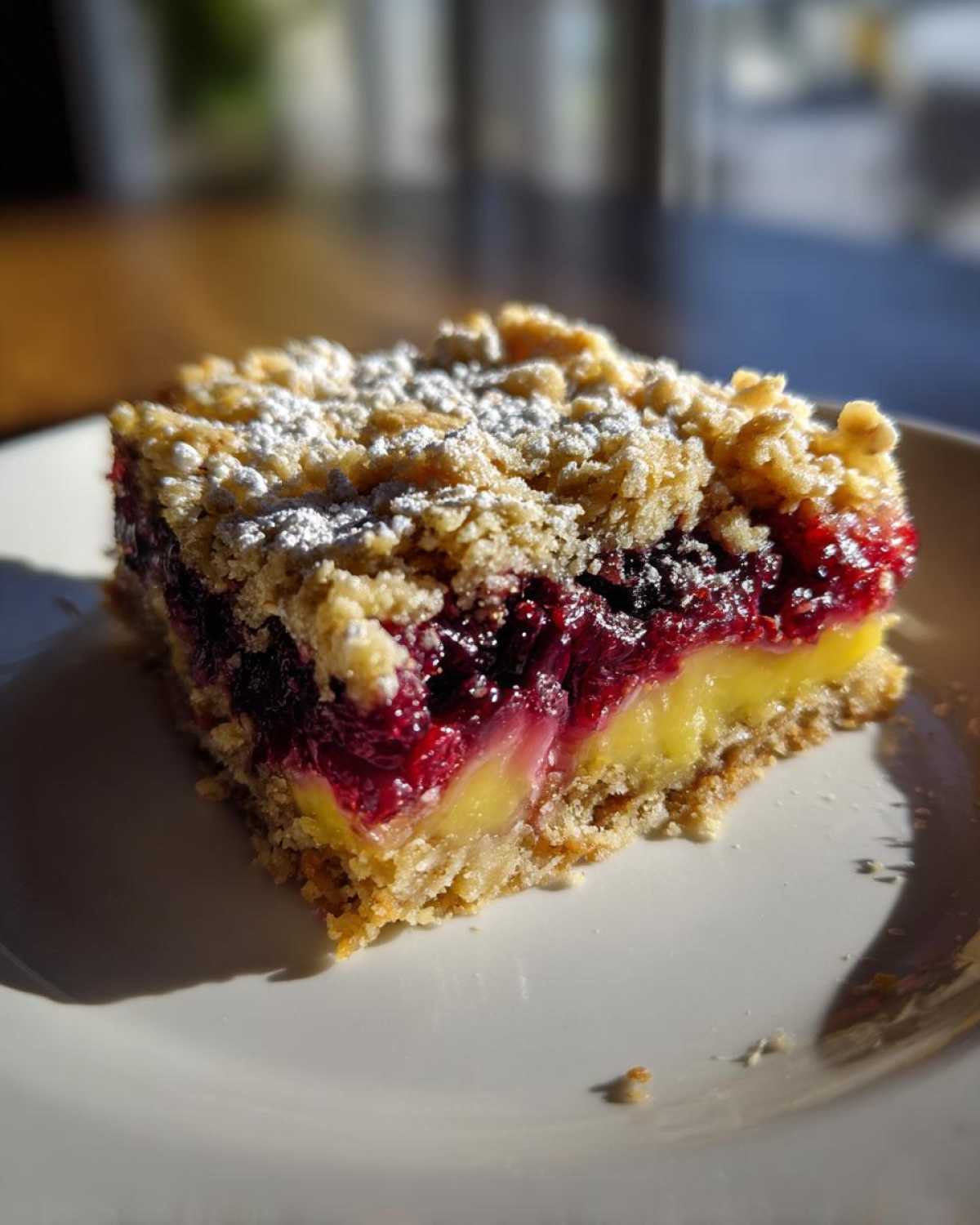 A close-up of a layered Gluten-Free Lemon Berry Crumble Bars slice dusted with powdered sugar.