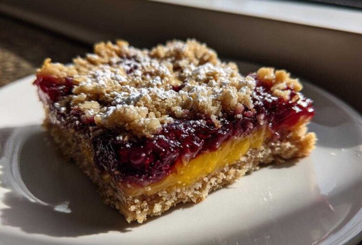 A single serving of Gluten-Free Lemon Berry Crumble Bars with a bright yellow lemon layer and dark berry topping, dusted with powdered sugar.