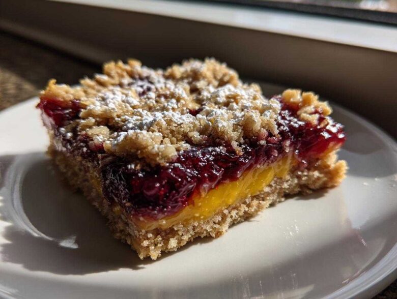 A single serving of Gluten-Free Lemon Berry Crumble Bars with a bright yellow lemon layer and dark berry topping, dusted with powdered sugar.