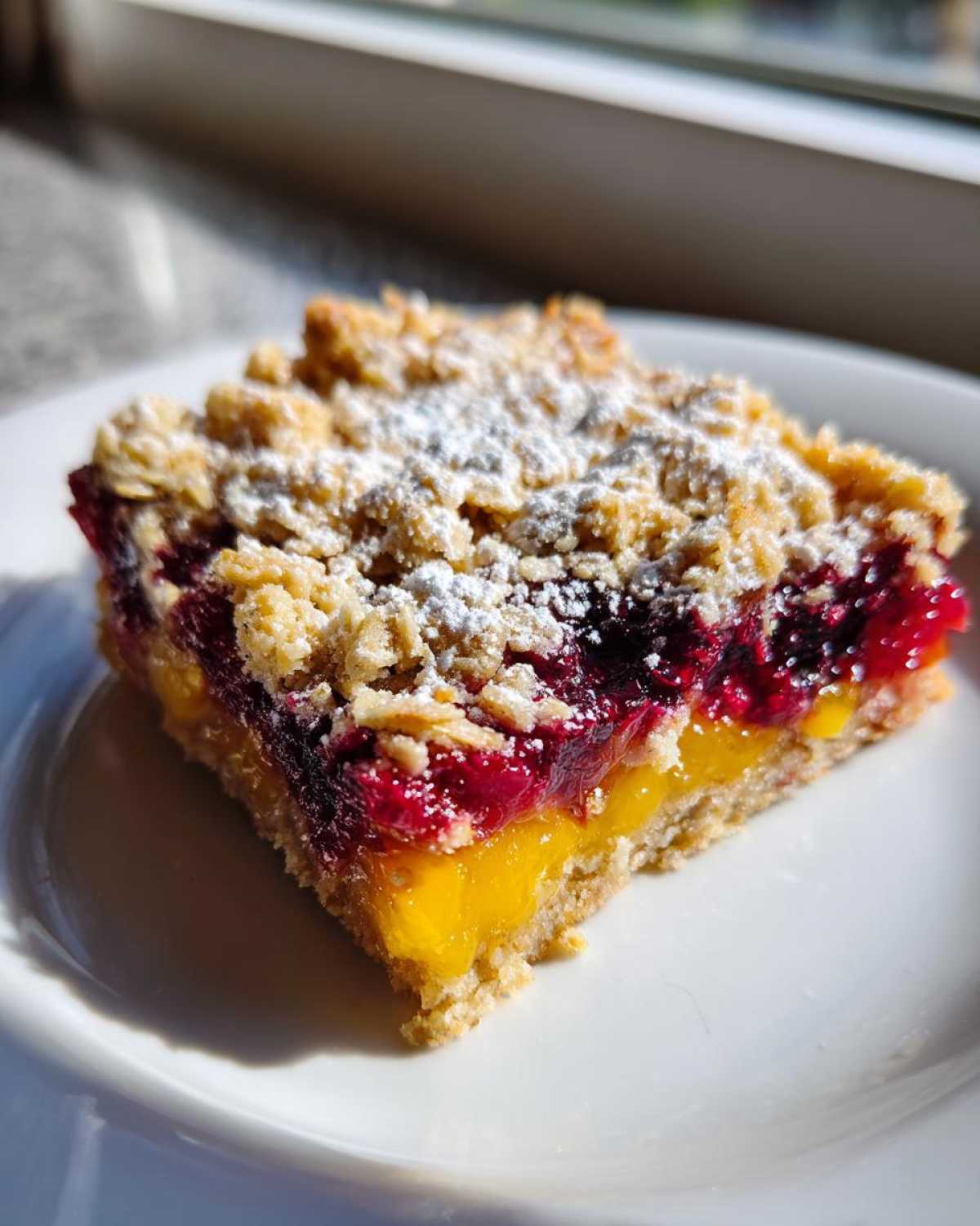 A single serving of Gluten-Free Lemon Berry Crumble Bars with bright yellow lemon filling and dark berry topping, dusted with powdered sugar.