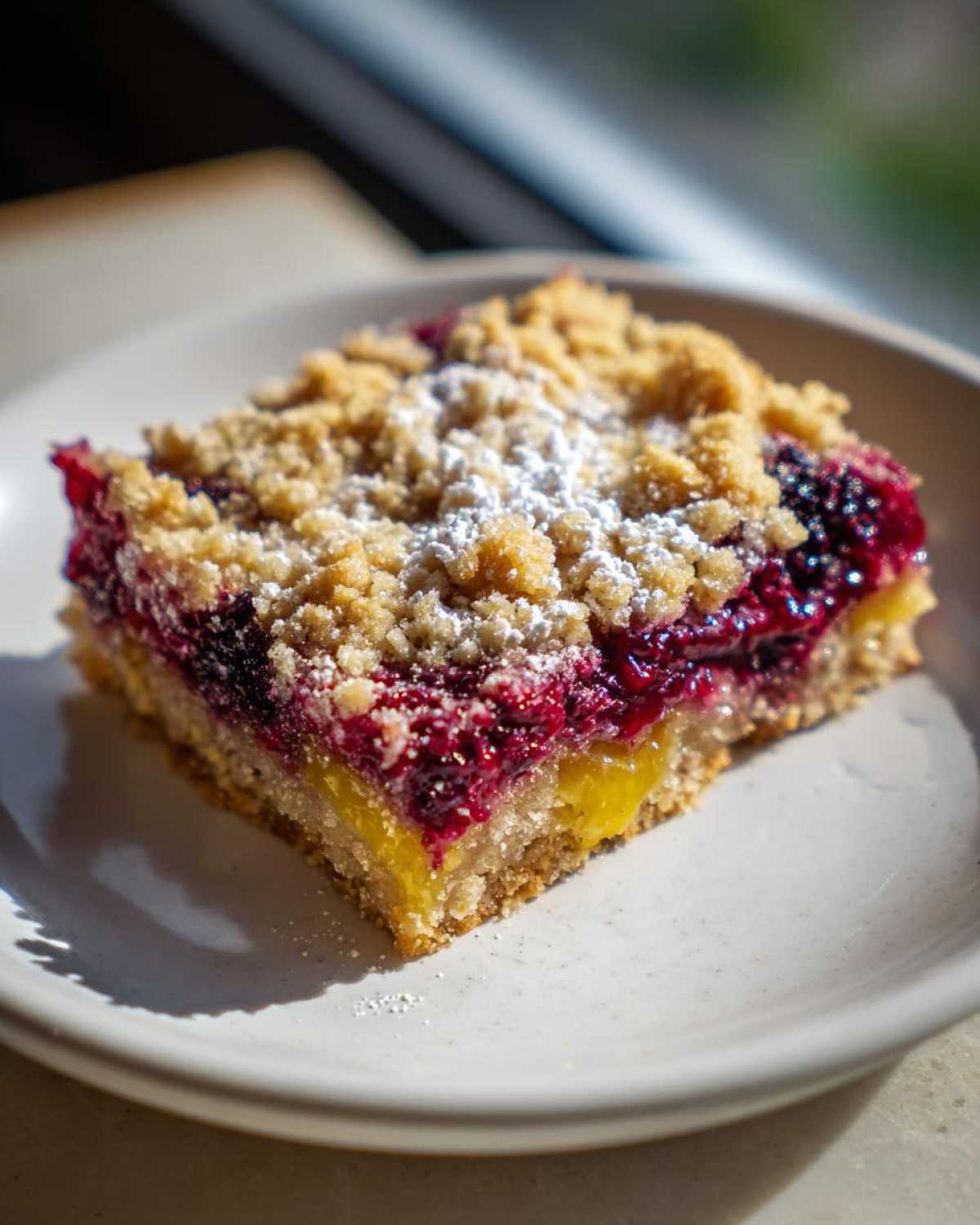 A close-up of a single serving of Gluten-Free Lemon Berry Crumble Bars with a thick berry layer and powdered sugar.