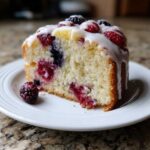 A close-up of a moist slice of Gluten-Free Lemon Berry Yogurt Cake topped with white glaze and fresh berries.