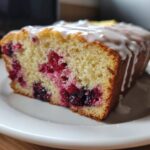 Close-up of a moist slice of Gluten-Free Lemon Berry Yogurt Cake topped with white lemon glaze.