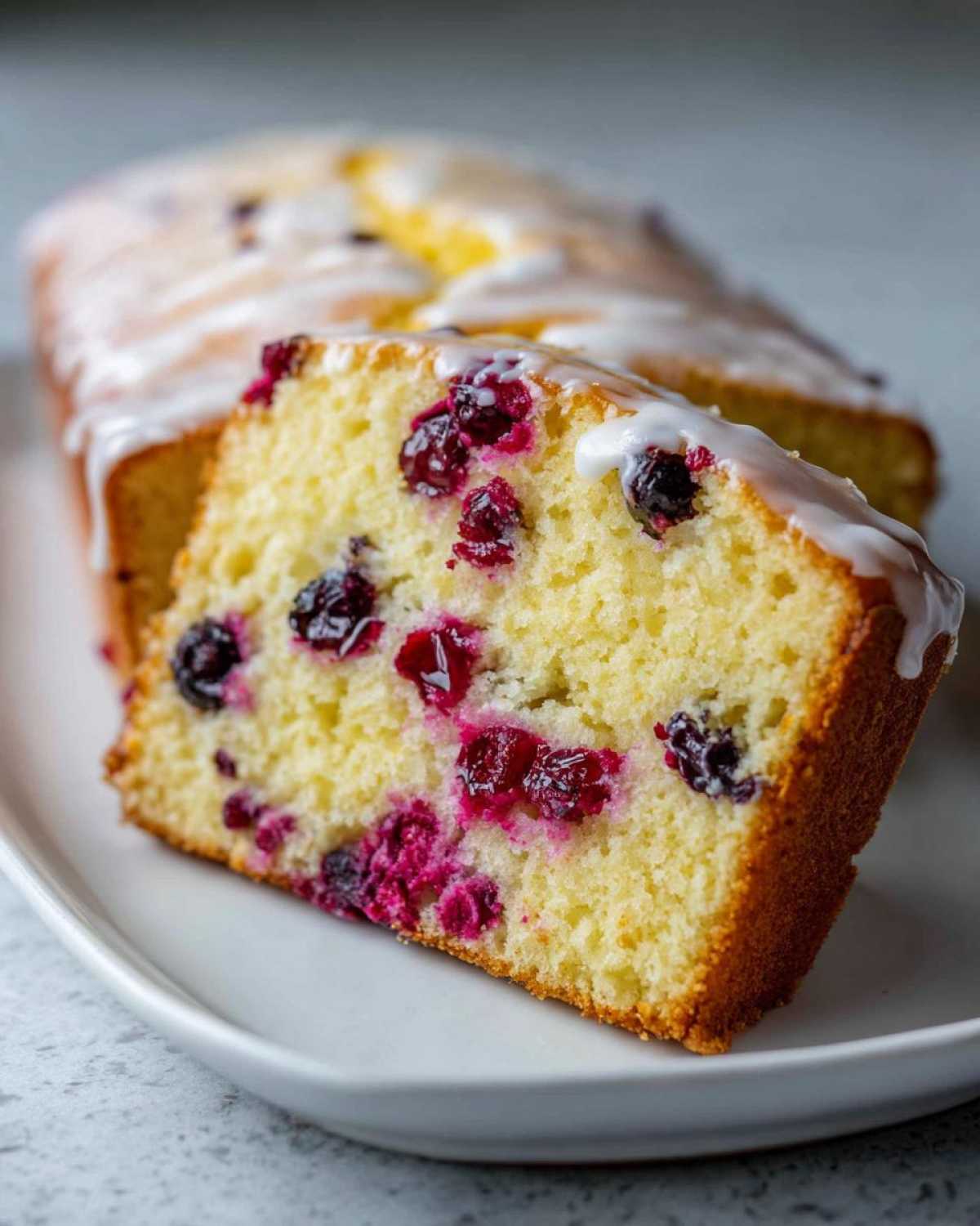 Close-up of a slice of Gluten-Free Lemon Berry Yogurt Cake, showing moist crumb and baked berries, topped with white glaze.