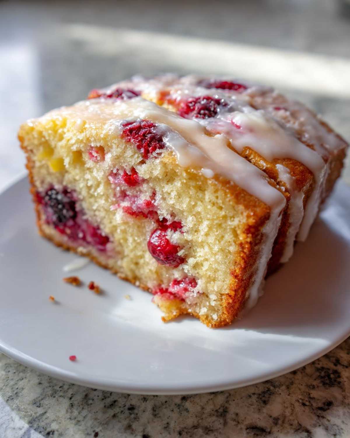 Close-up of a thick slice of Gluten-Free Lemon Berry Yogurt Cake topped with white lemon glaze and visible berries.