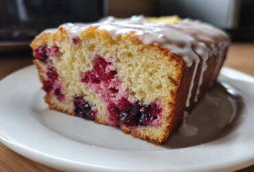 Close-up of a moist slice of Gluten-Free Lemon Berry Yogurt Cake topped with white lemon glaze.