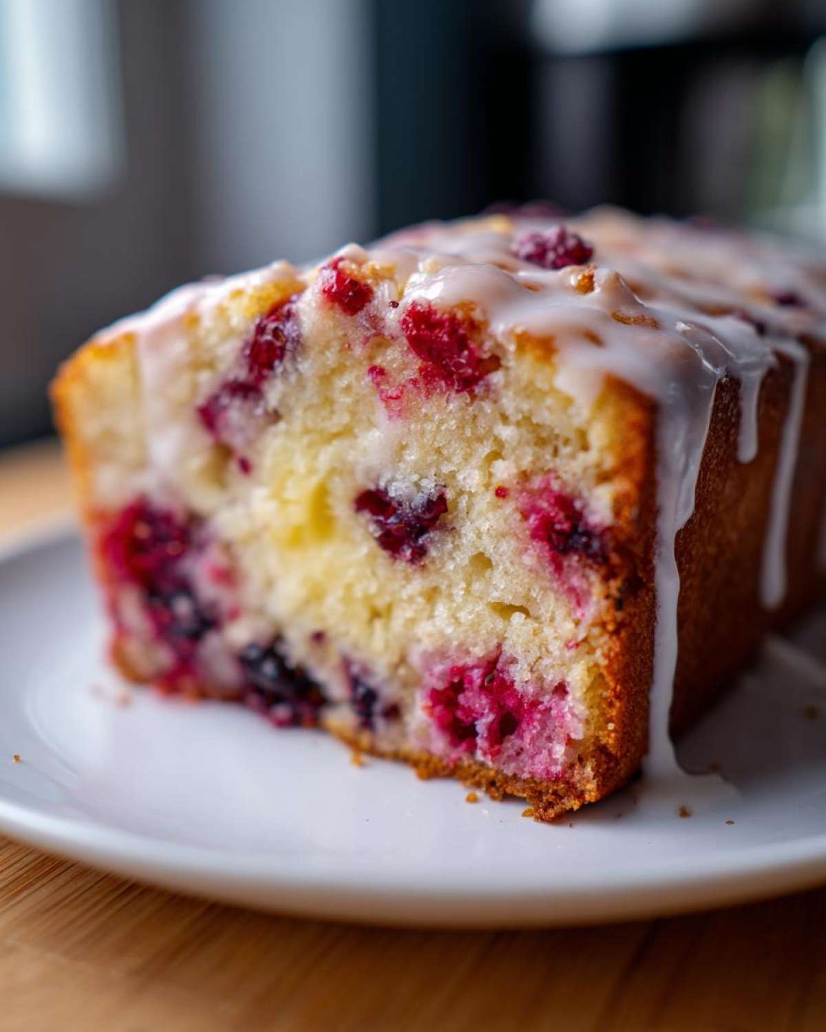 Close-up of a slice of Gluten-Free Lemon Berry Yogurt Cake, showing moist crumb and berry pieces, topped with a white glaze.