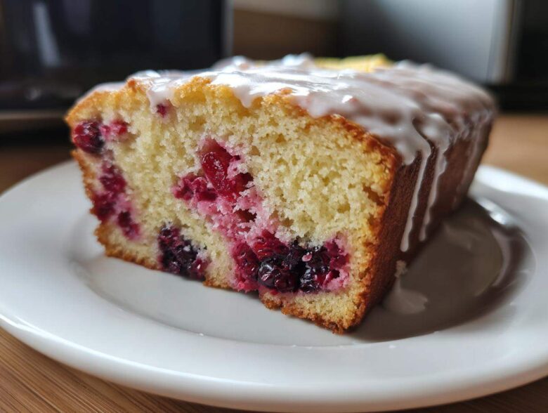 Close-up of a moist slice of Gluten-Free Lemon Berry Yogurt Cake topped with white lemon glaze.