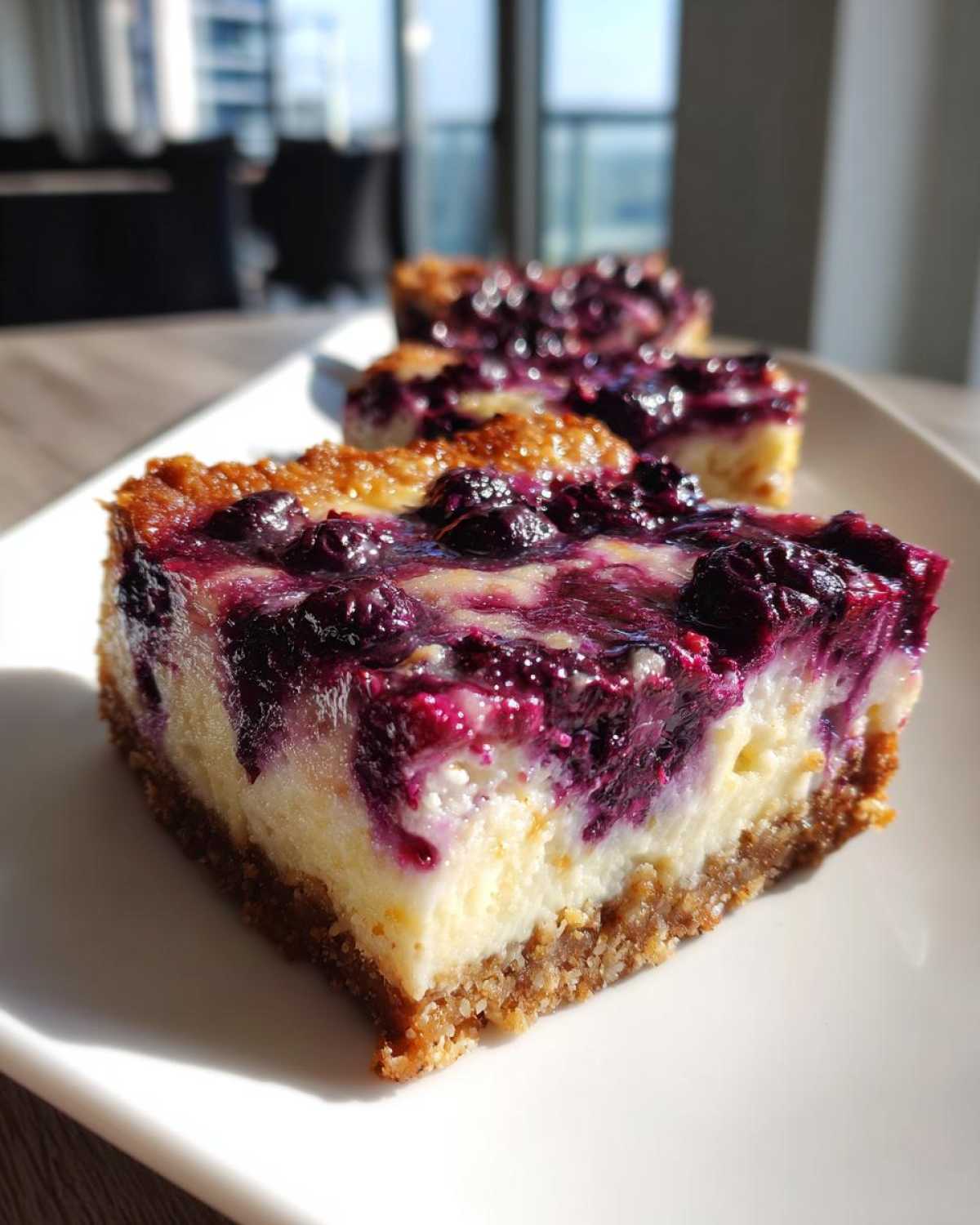 A close-up of a rich slice of Gluten-Free Lemon Blueberry Cheesecake Squares with a thick crust and vibrant berry topping.