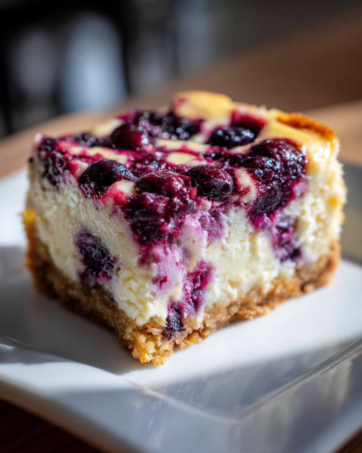 Close-up of a rich slice of Gluten-Free Lemon Blueberry Cheesecake Squares with a thick crust.