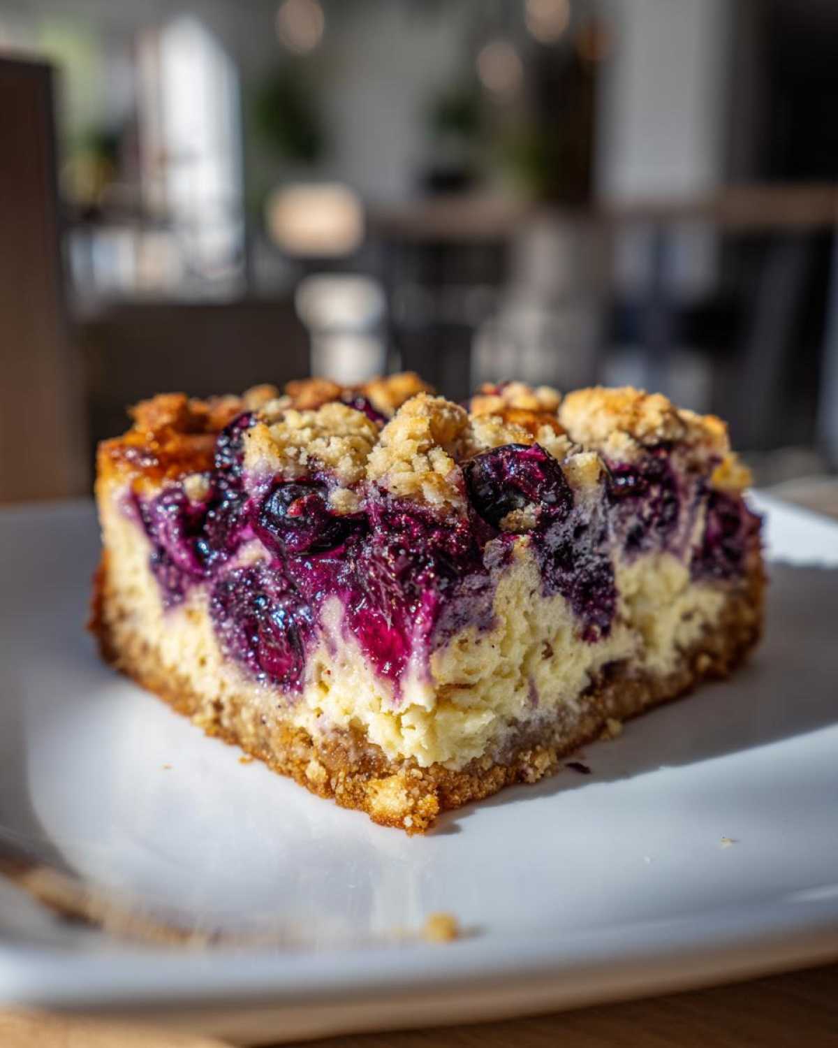 A close-up of a single serving of Gluten-Free Lemon Blueberry Cheesecake Squares with a crumb topping.