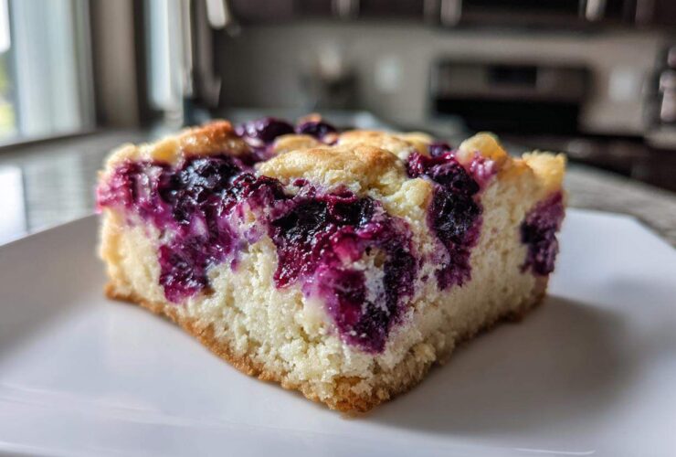 A close-up of a single square of Gluten-Free Lemon Blueberry Cheesecake Squares on a white plate.
