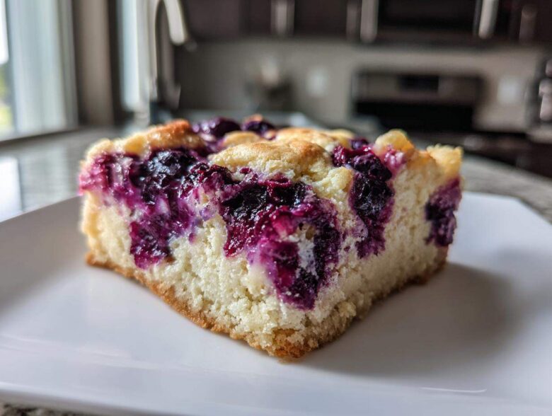 A close-up of a single square of Gluten-Free Lemon Blueberry Cheesecake Squares on a white plate.