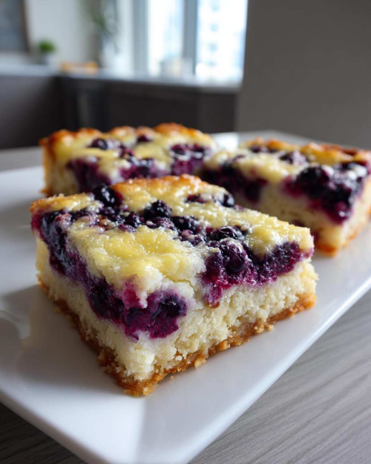Close-up of three Gluten-Free Lemon Blueberry Cheesecake Squares served on a white plate.