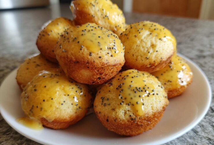 A stack of freshly baked Gluten-Free Lemon Poppy Seed Donut Holes topped with a bright yellow lemon glaze and poppy seeds.